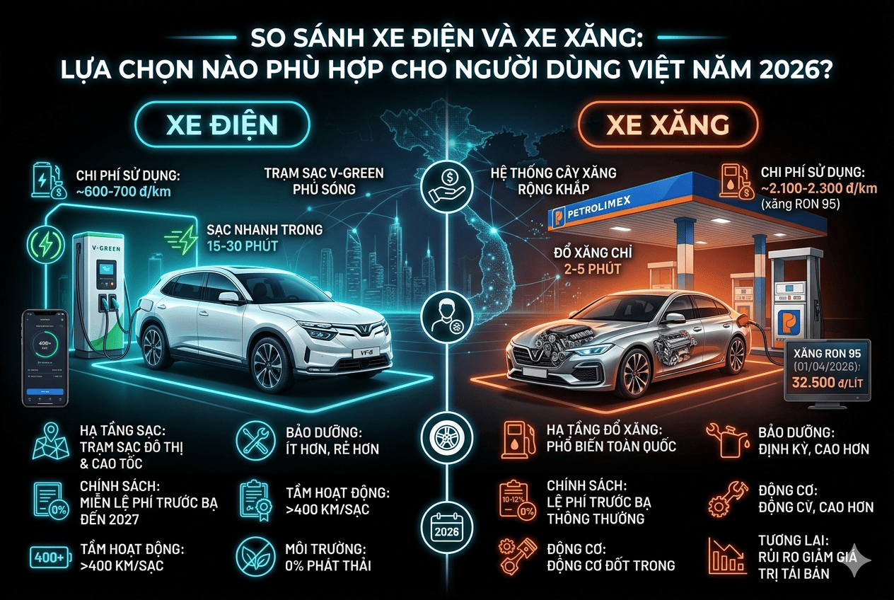 So sánh xe điện và xe xăng: Lựa chọn nào phù hợp cho người dùng Việt năm 2026?